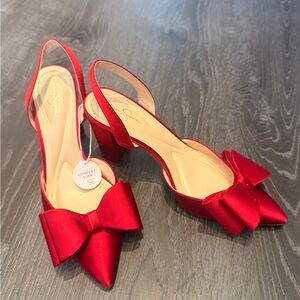 Jessica Simpson Red Satin Pointed Toe Slingback Pumps with Bow
